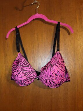 Inteco Intimates Hot Pink Animal Print Bra Zebra Black Lace 40c New!